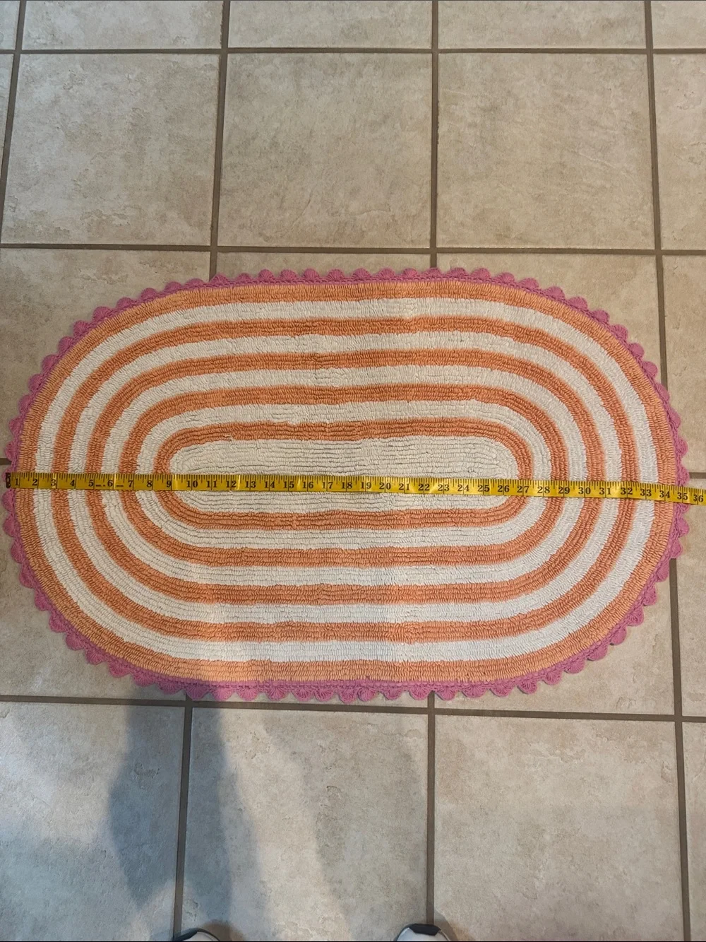 Rug Mat White and Orange Striped Oval Door Mat with Pink Scalloped Edge